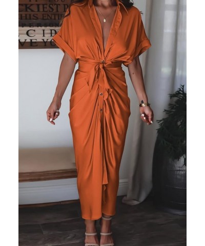 Sexy Shirt Dresses for Women Button Down Short Sleeve Maxi Satin Dress with Belt Orange $18.92 Dresses