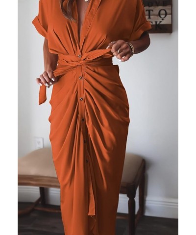 Sexy Shirt Dresses for Women Button Down Short Sleeve Maxi Satin Dress with Belt Orange $18.92 Dresses