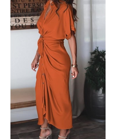 Sexy Shirt Dresses for Women Button Down Short Sleeve Maxi Satin Dress with Belt Orange $18.92 Dresses