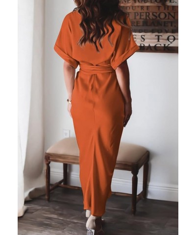 Sexy Shirt Dresses for Women Button Down Short Sleeve Maxi Satin Dress with Belt Orange $18.92 Dresses