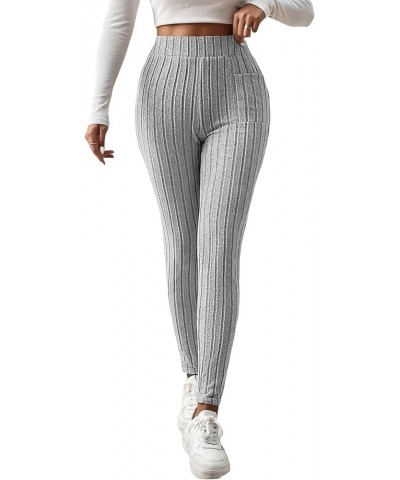 Women's Casual Elastic High Waisted Ribbed Knit Leggings Pants with Pocket Light Grey $14.10 Leggings