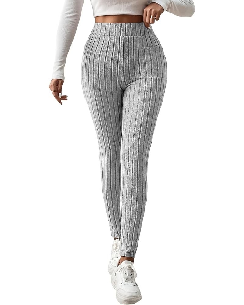 Women's Casual Elastic High Waisted Ribbed Knit Leggings Pants with Pocket Light Grey $14.10 Leggings