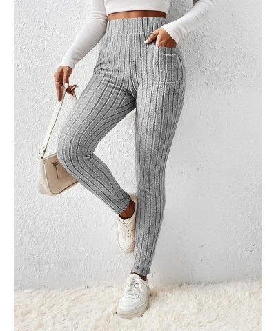 Women's Casual Elastic High Waisted Ribbed Knit Leggings Pants with Pocket Light Grey $14.10 Leggings