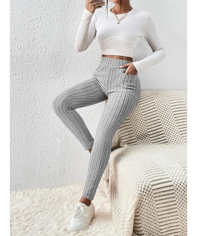 Women's Casual Elastic High Waisted Ribbed Knit Leggings Pants with Pocket Light Grey $14.10 Leggings