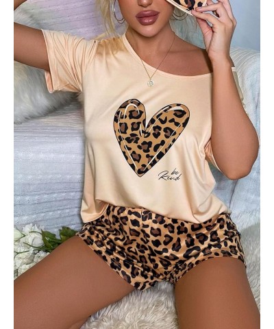 Women's Short Sleeve Tee Top and Plaid Shorts Lounge Pajama Set Sleepwear Apricot Leopard $15.65 Sleep & Lounge