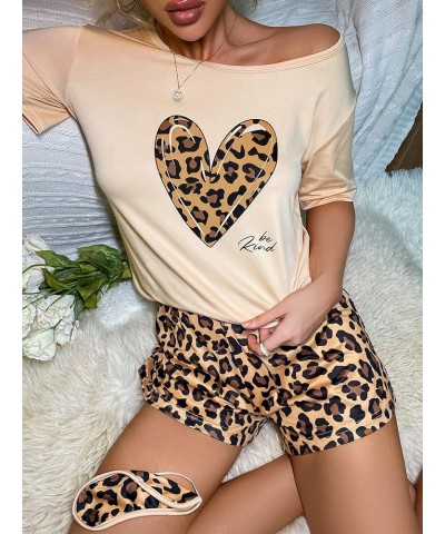 Women's Short Sleeve Tee Top and Plaid Shorts Lounge Pajama Set Sleepwear Apricot Leopard $15.65 Sleep & Lounge