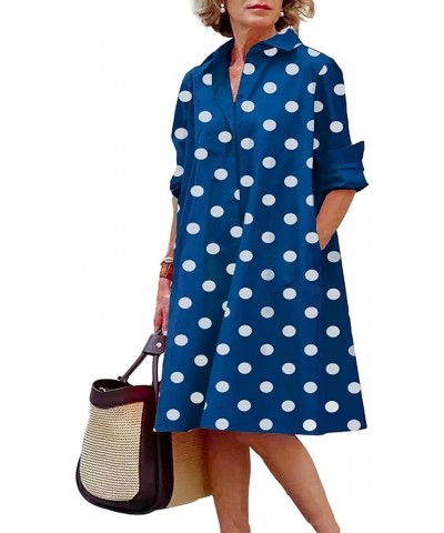 Women's Button Down Long Sleeve Shirt Dress Solid Polka Dot Casual Loose Mini Shift Dress with Pockets Plus Size Blue Polka D...