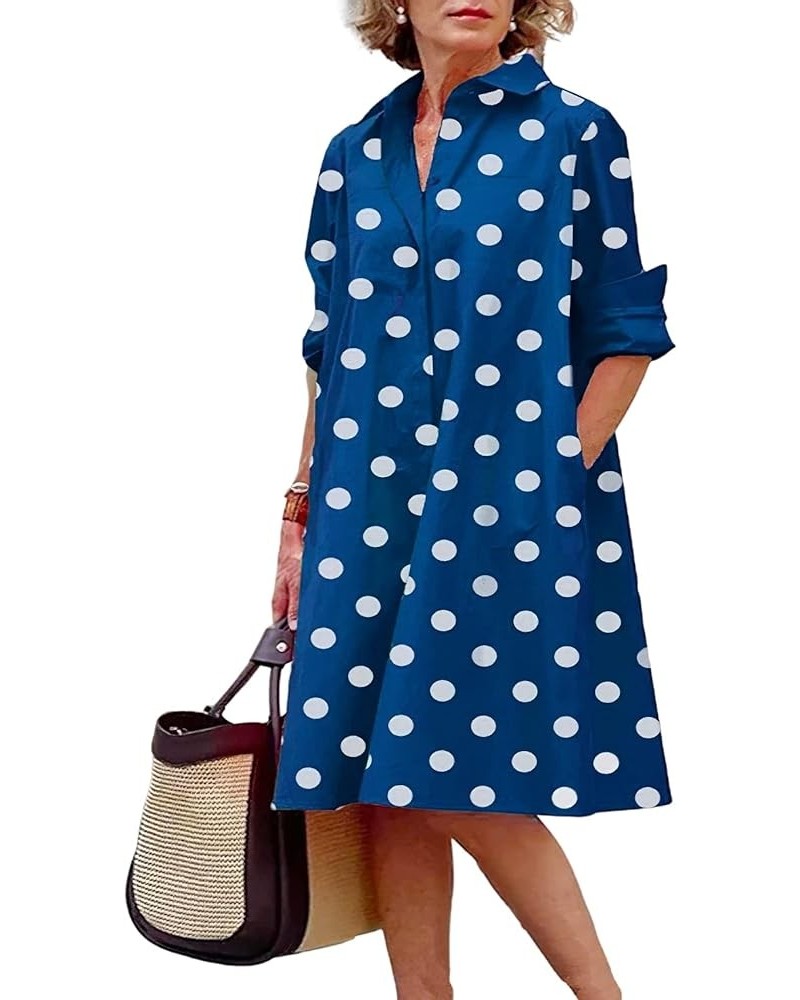 Women's Button Down Long Sleeve Shirt Dress Solid Polka Dot Casual Loose Mini Shift Dress with Pockets Plus Size Blue Polka D...