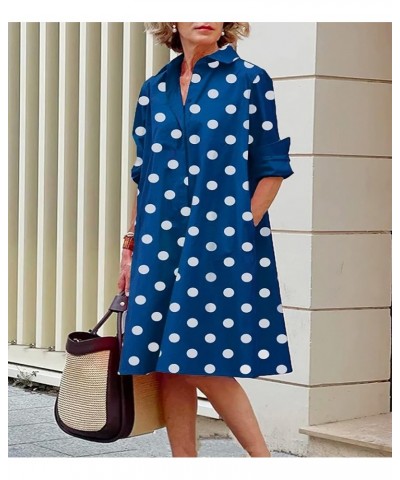 Women's Button Down Long Sleeve Shirt Dress Solid Polka Dot Casual Loose Mini Shift Dress with Pockets Plus Size Blue Polka D...