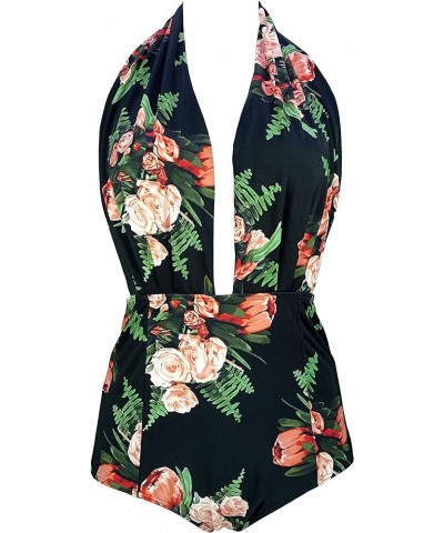 Retro One Piece Backless Bather Swimsuit High Waisted Pin Up Swimwear(FBA) Pink Floral $20.99 Swimsuits