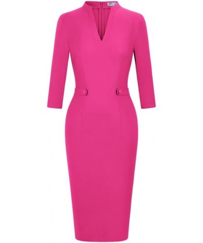 Women's 1950s Retro 3/4 Sleeve V Neck Midi Sheath Vintage Cocktail Work Pencil Dresses Hot Pink $19.96 Dresses