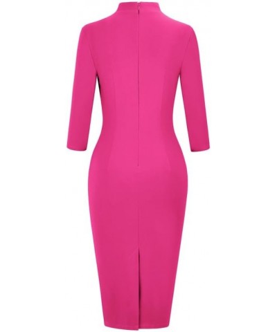 Women's 1950s Retro 3/4 Sleeve V Neck Midi Sheath Vintage Cocktail Work Pencil Dresses Hot Pink $19.96 Dresses