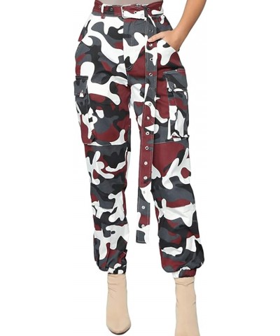 Camo Cargo Pants for Women High Waisted Slim Fit Camoflage Jogger Sweatpants with Pockets Durgundy Red $16.31 Activewear