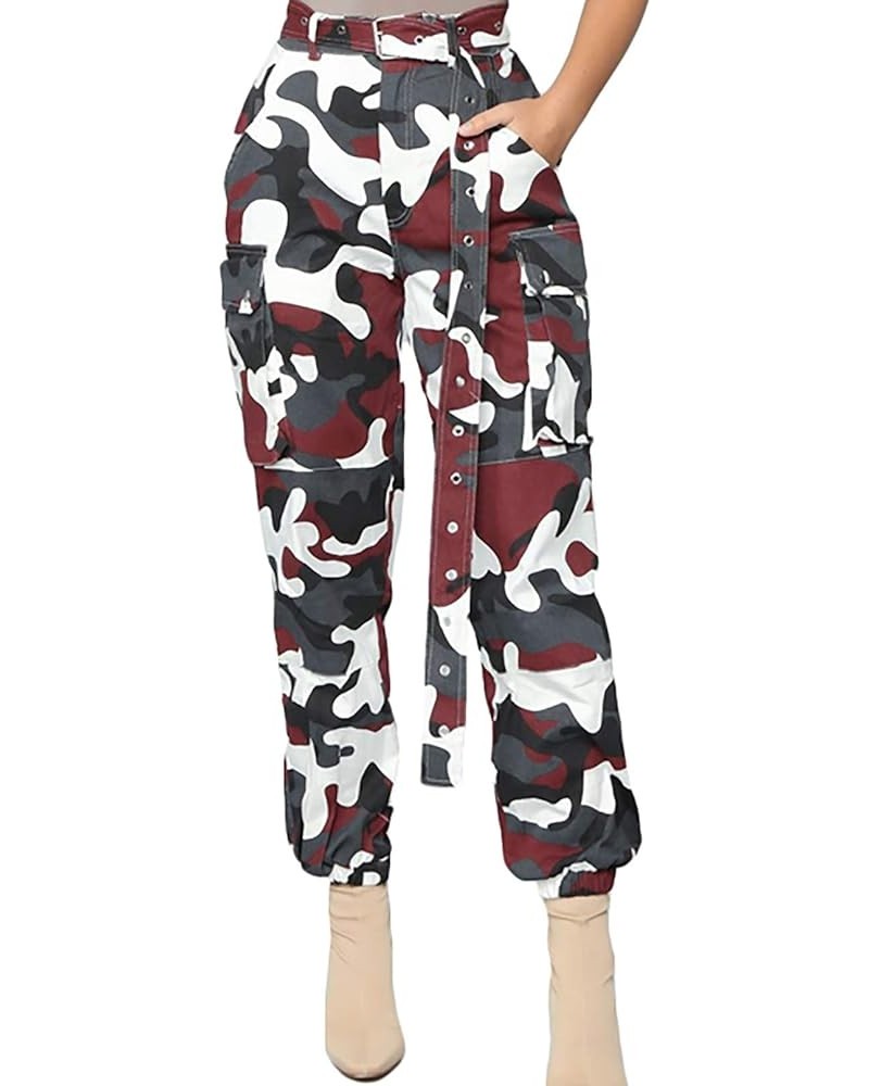 Camo Cargo Pants for Women High Waisted Slim Fit Camoflage Jogger Sweatpants with Pockets Durgundy Red $16.31 Activewear