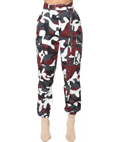 Camo Cargo Pants for Women High Waisted Slim Fit Camoflage Jogger Sweatpants with Pockets Durgundy Red $16.31 Activewear