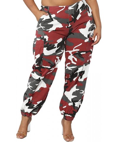 Camo Cargo Pants for Women High Waisted Slim Fit Camoflage Jogger Sweatpants with Pockets Durgundy Red $16.31 Activewear