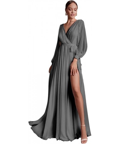 Chiffon Long Sleeve Bridesmaid Dresses for Women Double V Neck Ruched High Slit A-line Prom Dress with Sash Grey $25.30 Dresses