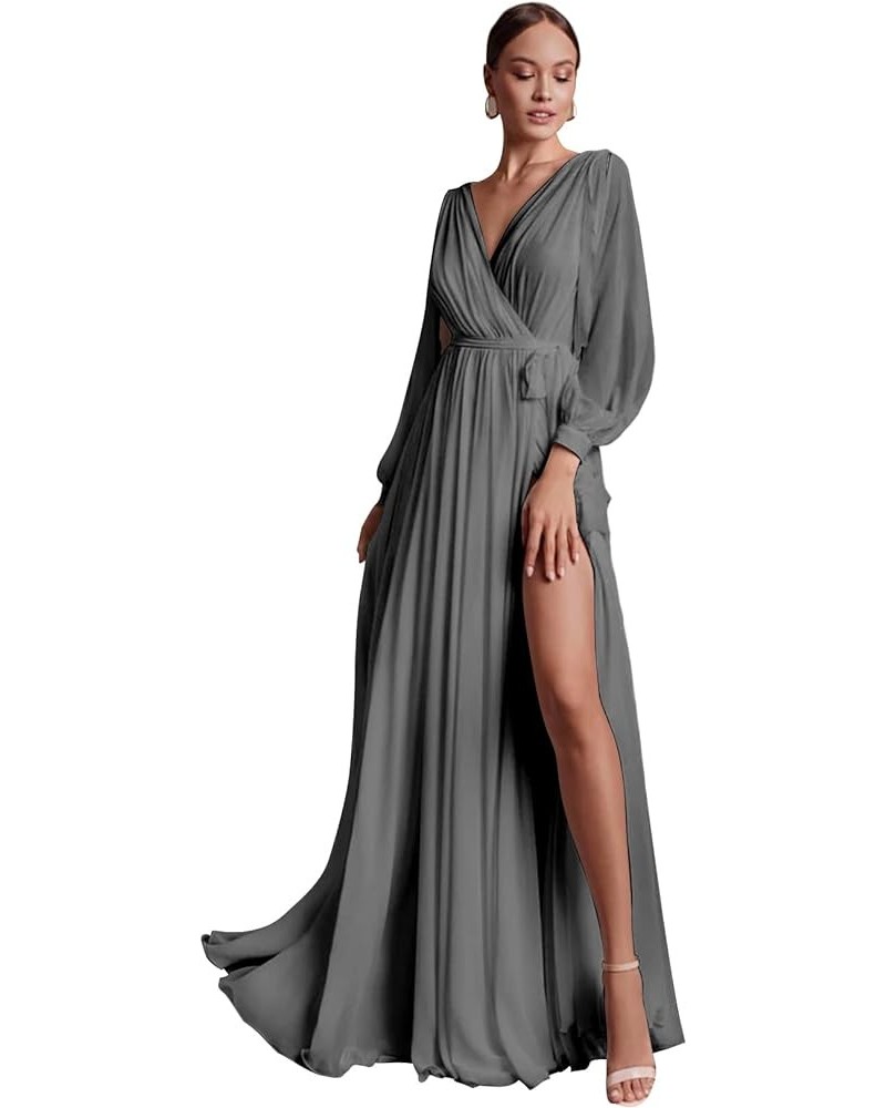 Chiffon Long Sleeve Bridesmaid Dresses for Women Double V Neck Ruched High Slit A-line Prom Dress with Sash Grey $25.30 Dresses