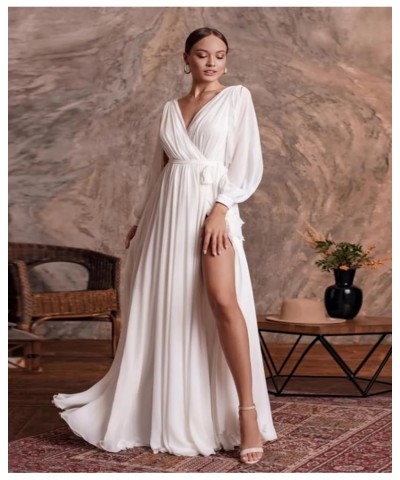 Chiffon Long Sleeve Bridesmaid Dresses for Women Double V Neck Ruched High Slit A-line Prom Dress with Sash Grey $25.30 Dresses