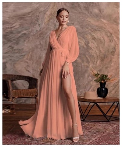 Chiffon Long Sleeve Bridesmaid Dresses for Women Double V Neck Ruched High Slit A-line Prom Dress with Sash Grey $25.30 Dresses