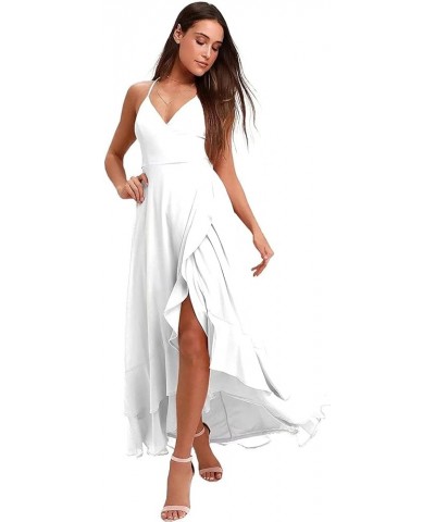 Spaghetti Strap Chiffon Bridesmaid Dresses Long for Women V Neck Slit High Low Formal Maxi Gown White $32.99 Dresses