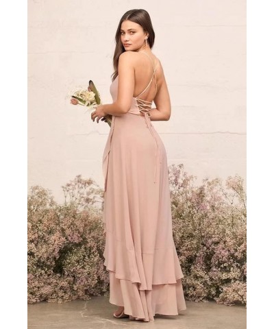 Spaghetti Strap Chiffon Bridesmaid Dresses Long for Women V Neck Slit High Low Formal Maxi Gown White $32.99 Dresses