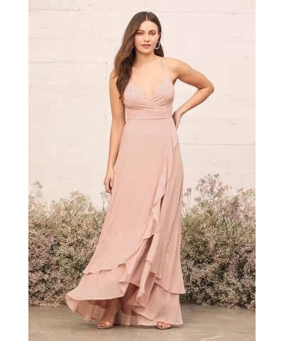 Spaghetti Strap Chiffon Bridesmaid Dresses Long for Women V Neck Slit High Low Formal Maxi Gown White $32.99 Dresses