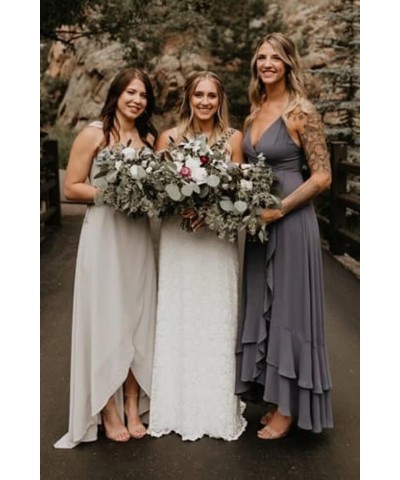 Spaghetti Strap Chiffon Bridesmaid Dresses Long for Women V Neck Slit High Low Formal Maxi Gown White $32.99 Dresses