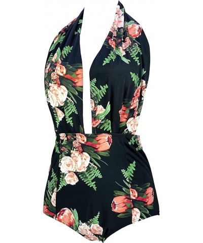 Retro One Piece Backless Bather Swimsuit High Waisted Pin Up Swimwear(FBA) Pink Floral $20.99 Swimsuits