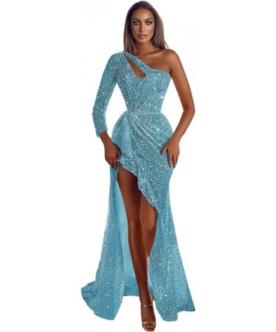 Women's Long Sleeve Sequin Prom Dresses One Shoulder Ball Gown High Slit Mermaid Wedding Guest Formal Evening Dress Light Blu...