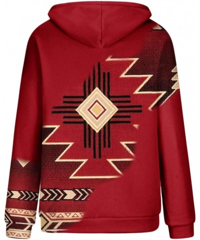 Womens Western Aztec Hoodies Ethnic Graphic Sweatshirt Pullover Casual Button Collar Hooded Vintage Tops 2023 Red 35 $10.28 H...