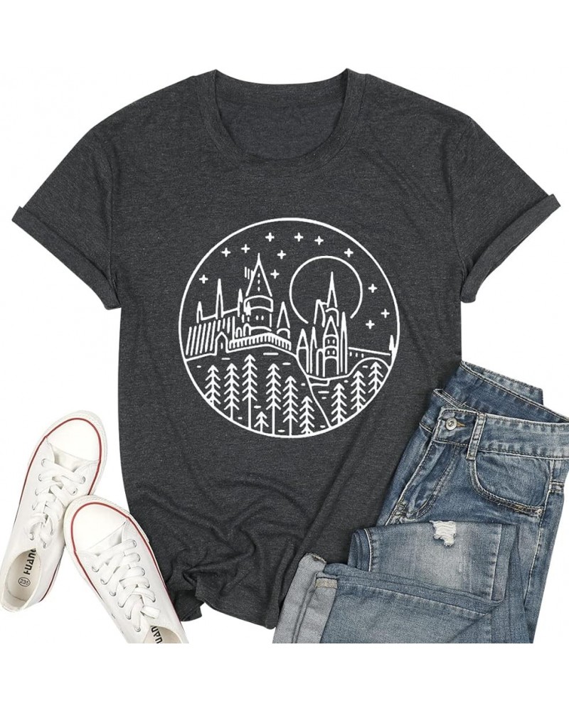 Funny Castle Shirt Women Cute Family Vacation T-Shirt Wizard Shirt Short Sleeve Tops Dark Grey $8.54 T-Shirts