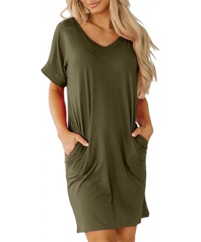 Womens Short Sleeve Pleated Loose Swing Casual Dresses with Pockets Knee Length Summer V Neck Tunic Dress Army Green $11.79 D...