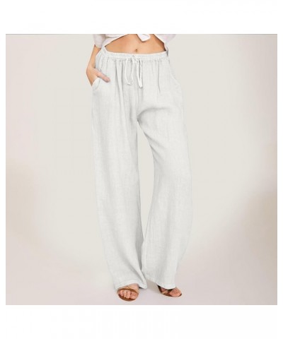 Women's Summer Drawstring Waist Wide Leg Loose Cotton Linen Palazzo Pants White $10.07 Pants