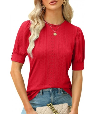 Womens Dressy Casual Blouses Business Tops Short Sleeve Shirts Work Tops Cute Puff Sleeve Blouses 06_ Red $11.79 Blouses