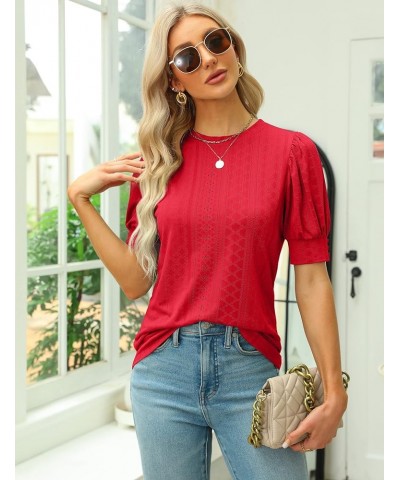 Womens Dressy Casual Blouses Business Tops Short Sleeve Shirts Work Tops Cute Puff Sleeve Blouses 06_ Red $11.79 Blouses