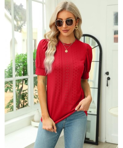 Womens Dressy Casual Blouses Business Tops Short Sleeve Shirts Work Tops Cute Puff Sleeve Blouses 06_ Red $11.79 Blouses