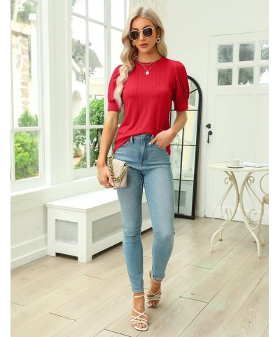 Womens Dressy Casual Blouses Business Tops Short Sleeve Shirts Work Tops Cute Puff Sleeve Blouses 06_ Red $11.79 Blouses