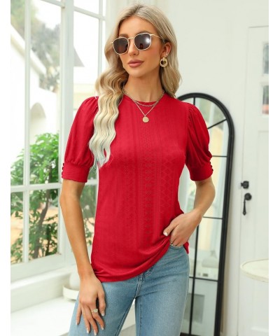 Womens Dressy Casual Blouses Business Tops Short Sleeve Shirts Work Tops Cute Puff Sleeve Blouses 06_ Red $11.79 Blouses