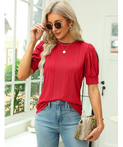 Womens Dressy Casual Blouses Business Tops Short Sleeve Shirts Work Tops Cute Puff Sleeve Blouses 06_ Red $11.79 Blouses