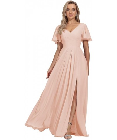 V Neck Bridesmaid Dresses Long with Slit Flutter Sleeves Wedding Guest Dress Formal Evening Dresses with Pockets Blush Pink $...