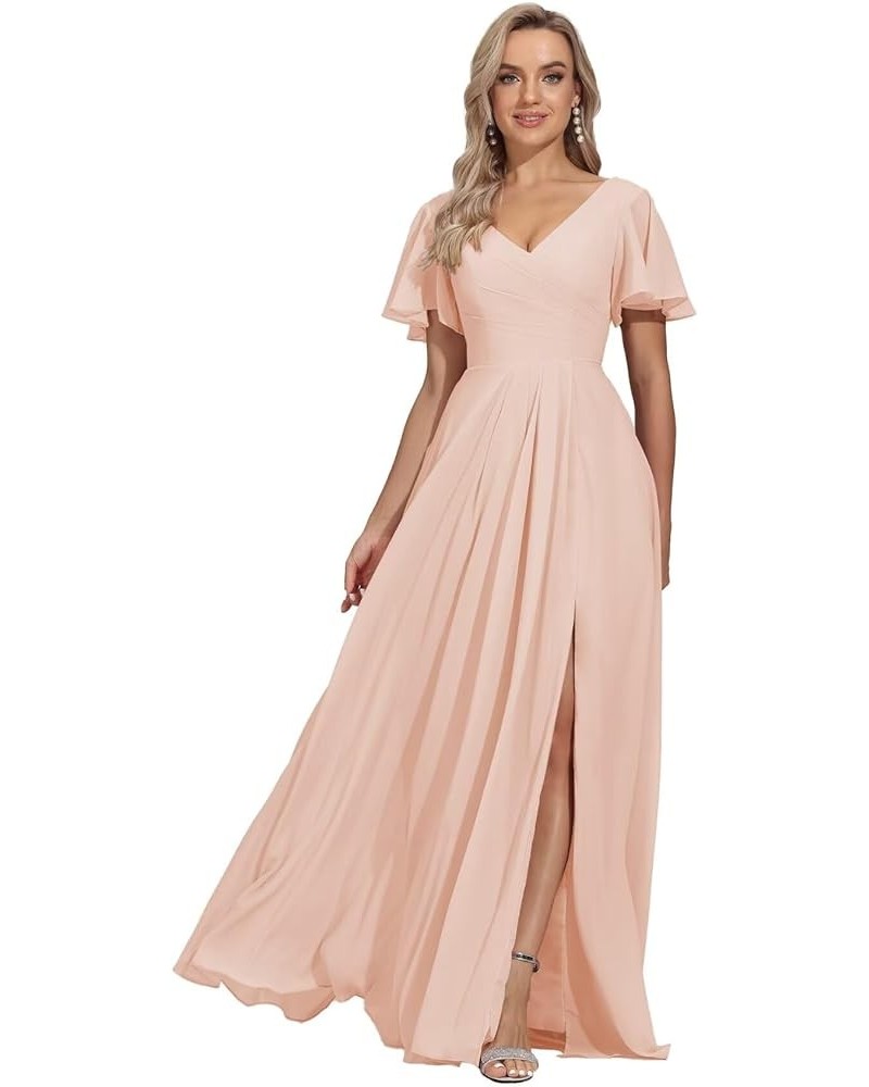 V Neck Bridesmaid Dresses Long with Slit Flutter Sleeves Wedding Guest Dress Formal Evening Dresses with Pockets Blush Pink $...