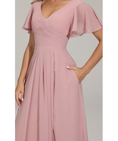 V Neck Bridesmaid Dresses Long with Slit Flutter Sleeves Wedding Guest Dress Formal Evening Dresses with Pockets Blush Pink $...