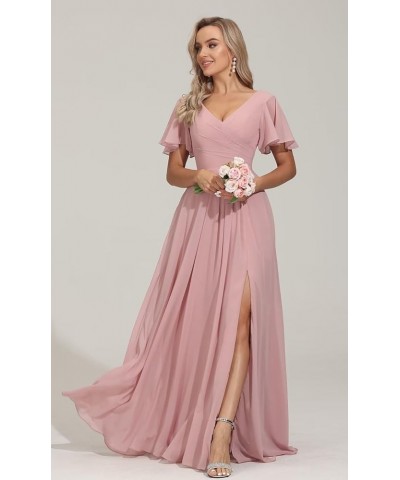 V Neck Bridesmaid Dresses Long with Slit Flutter Sleeves Wedding Guest Dress Formal Evening Dresses with Pockets Blush Pink $...