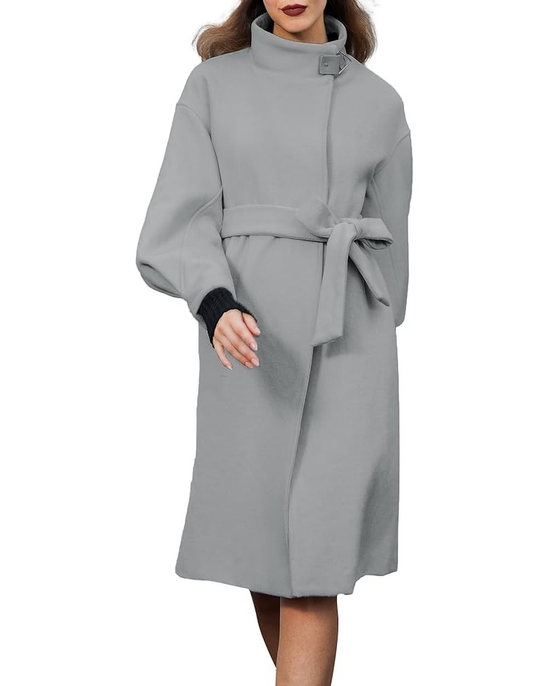 SDEER Women's Long Wool Coat H shaped High Collar Puff Sleeve Peacoat Belted Trench Coats with Pockets Grey $27.88 Coats