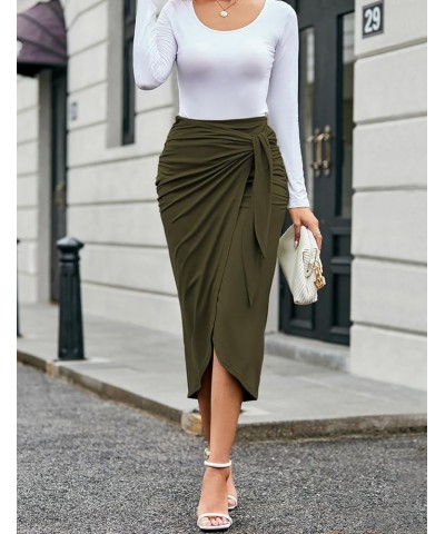 Women Ruched Pencil Skirt High Waist Wrap Tie Front Asymmetrical Long Maxi Skirts Bodycon with Slit Army Green $18.23 Skirts