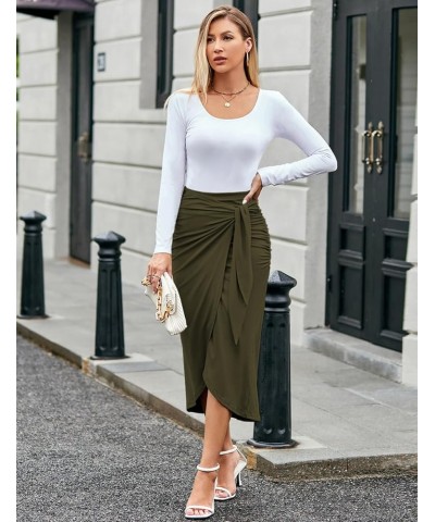 Women Ruched Pencil Skirt High Waist Wrap Tie Front Asymmetrical Long Maxi Skirts Bodycon with Slit Army Green $18.23 Skirts