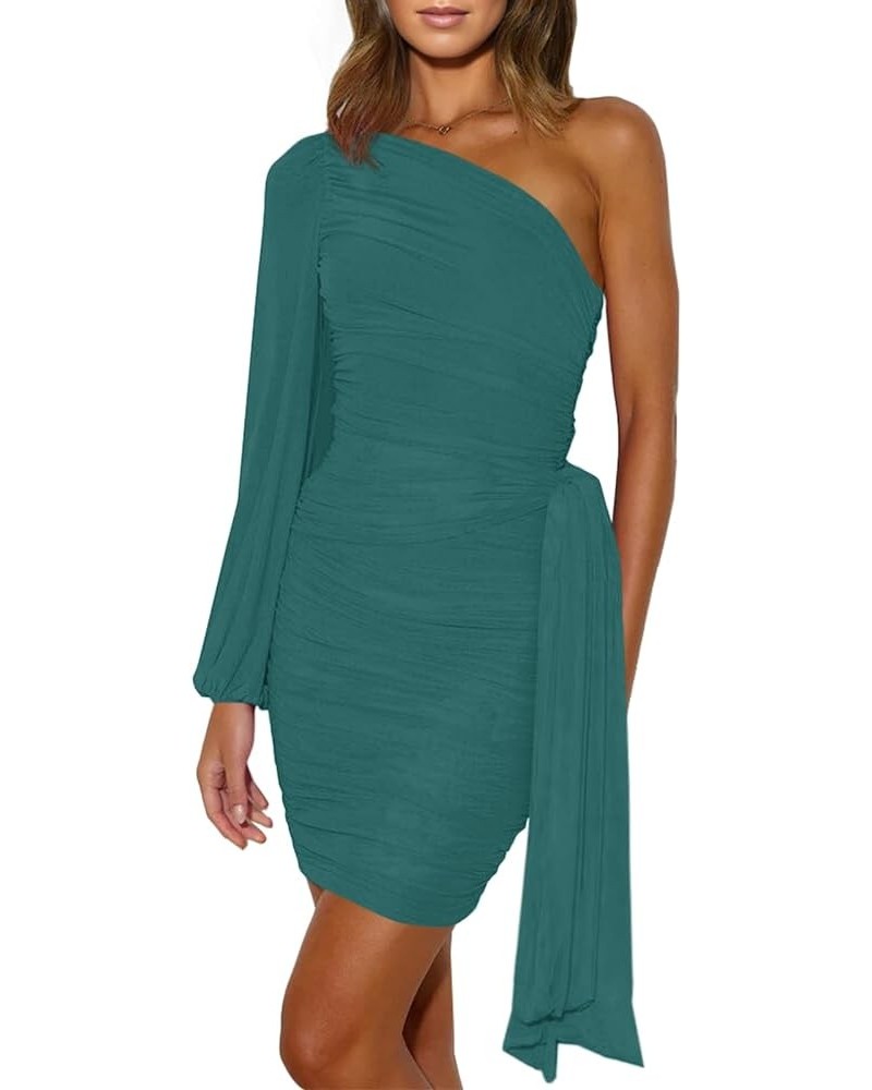 Women's One Shoulder Bodycon Dress Mesh Long Sleeve Ruched Tie Waist Party Cocktail Club Mini Dresses Green $26.99 Dresses