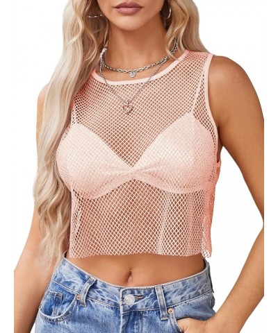 Women's Sleeveless Glitter Sparkle Tops See Through Fishnet Crop Top for Party Club 0198-pink $7.79 Tanks