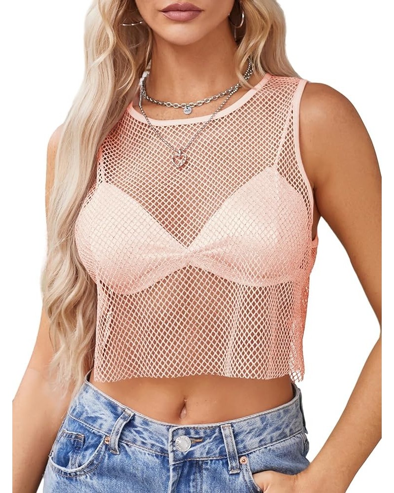 Women's Sleeveless Glitter Sparkle Tops See Through Fishnet Crop Top for Party Club 0198-pink $7.79 Tanks